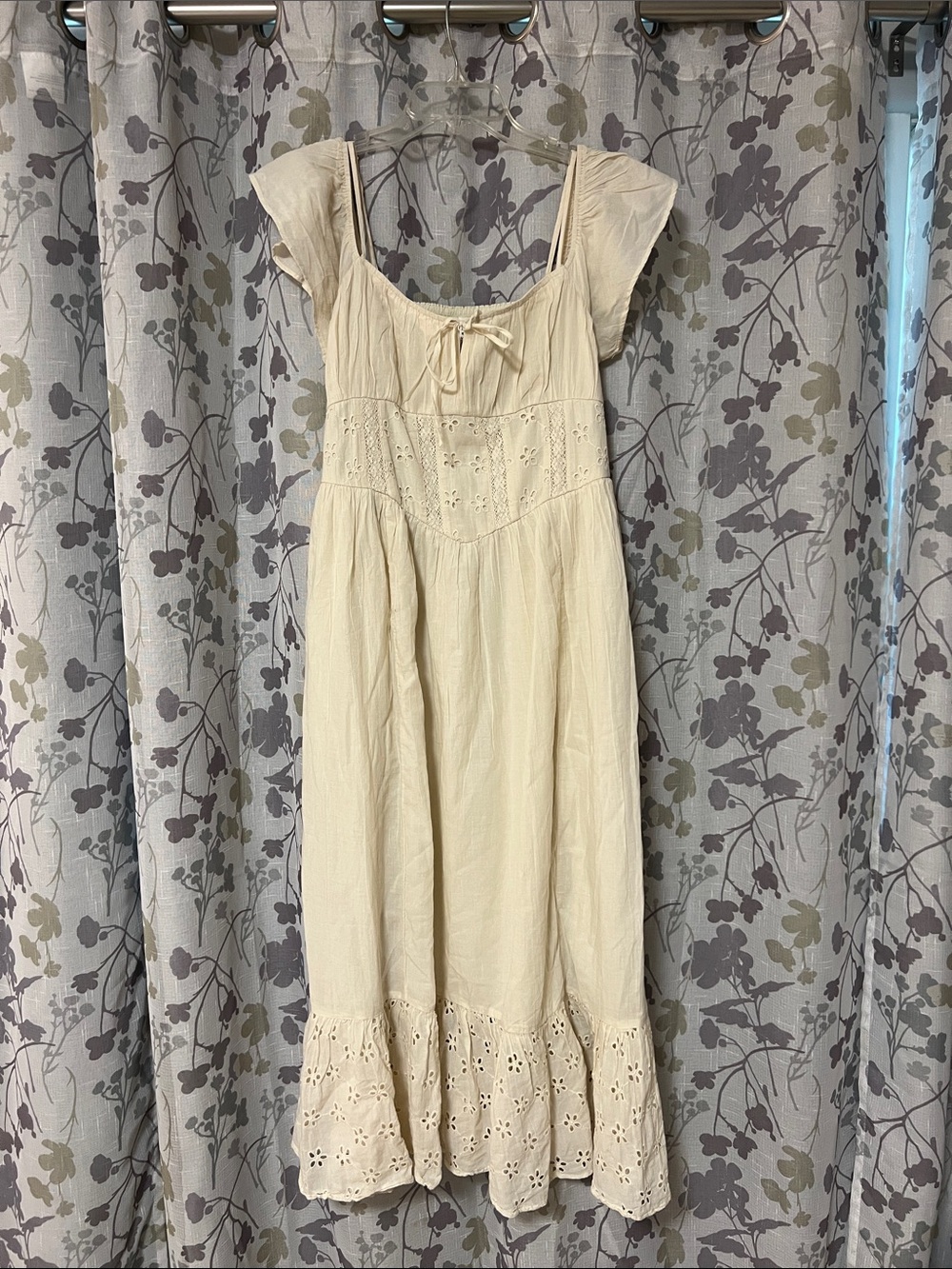 American Eagle Outfitters Cream Eyelet Tie-Front Midi Dress